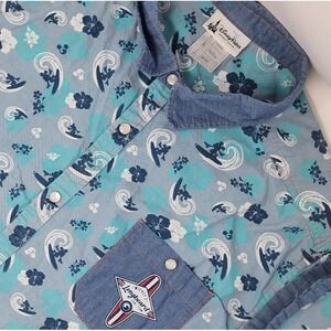 Disney Parks Shirt Mens XL Blue Mickey Surf Longboard Hawaiian Floral Pearl Snap